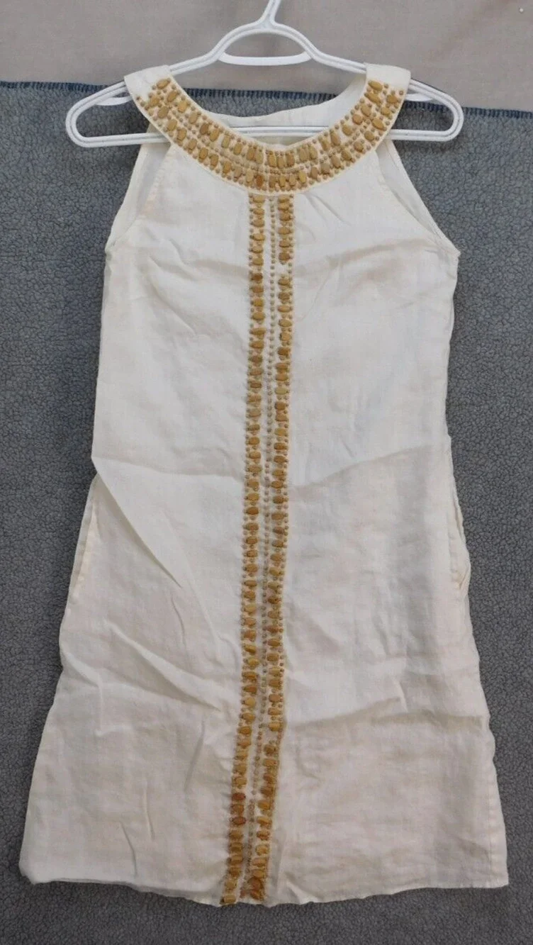 Kas Designs Mini Dress Women's S White Wooden Beads Linen Pockets